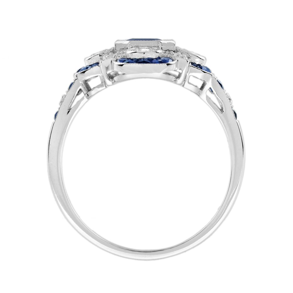 0.99ct Emerald Cut Ceylon Sapphire and Diamond Cluster Dress Ring in 18ct White Gold