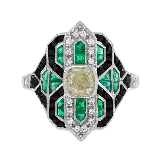 Art Deco Inspired GIA Certified Internally Flawless Diamond Emerald Onyx Cluster Cocktail Ring