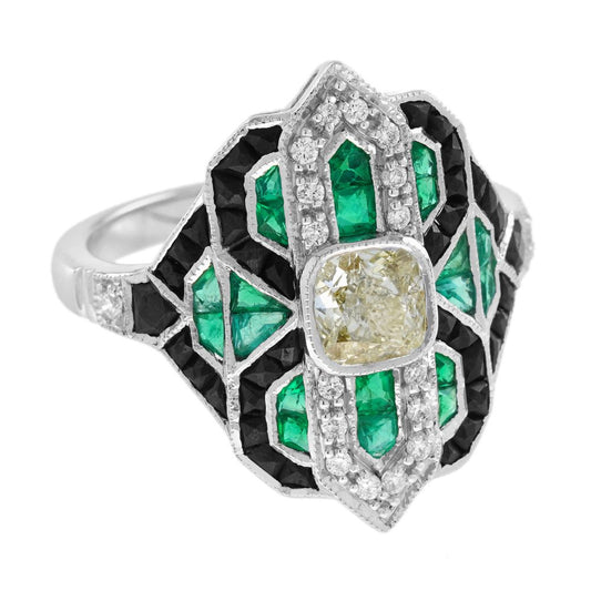 Art Deco Inspired GIA Certified Internally Flawless Diamond Emerald Onyx Cluster Cocktail Ring