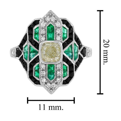 Art Deco Inspired GIA Certified Internally Flawless Diamond Emerald Onyx Cluster Cocktail Ring