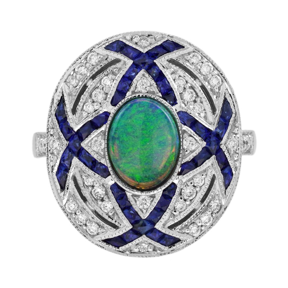 Art Deco Style Black Opal Sapphire and Diamond Cluster Cocktail Ring
