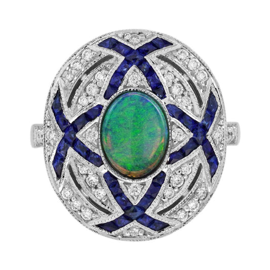 Art Deco Style Black Opal Sapphire and Diamond Cluster Cocktail Ring
