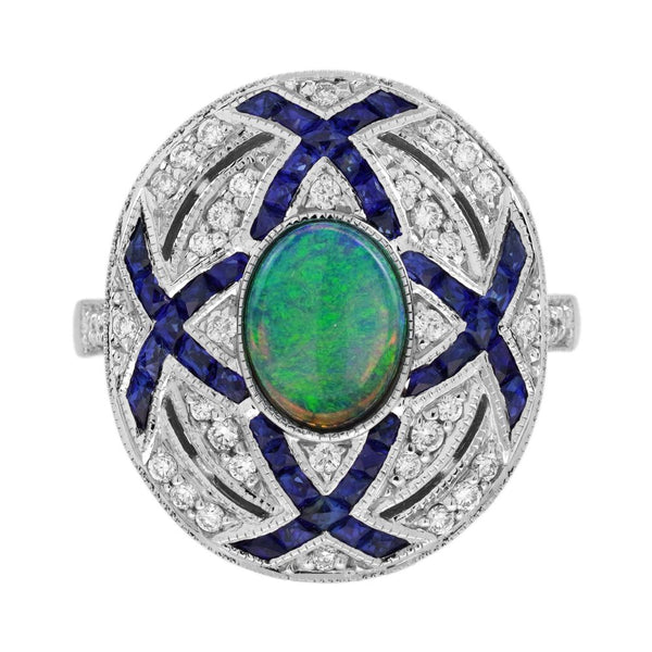 Art Deco Style Black Opal Sapphire and Diamond Cluster Cocktail Ring