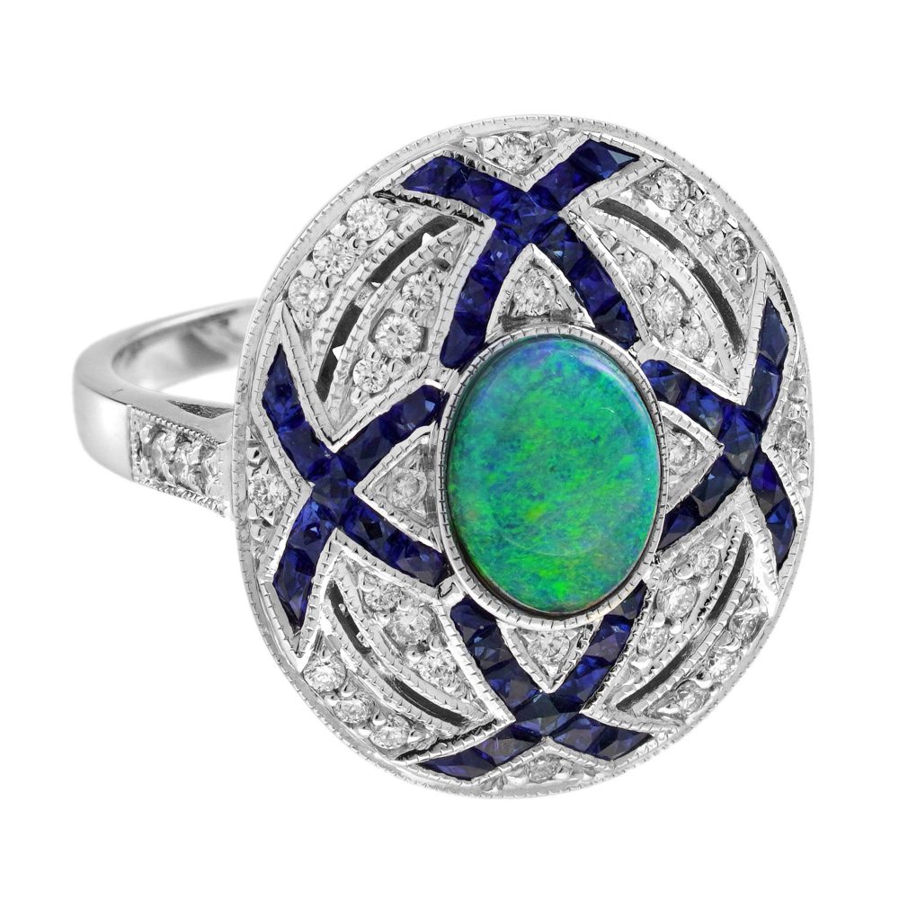 Art Deco Style Black Opal Sapphire and Diamond Cluster Cocktail Ring