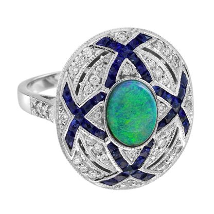 Art Deco Style Black Opal Sapphire and Diamond Cluster Cocktail Ring