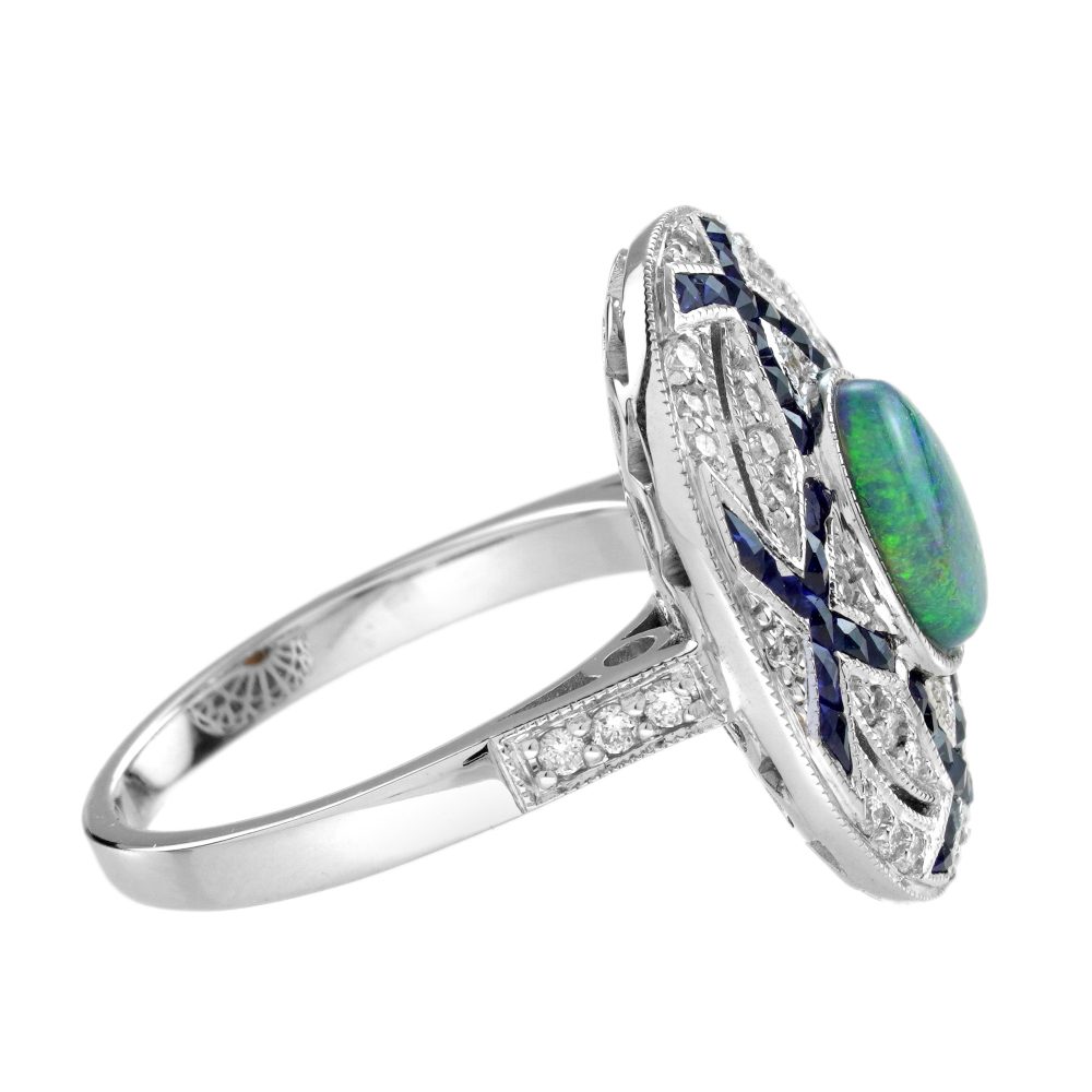 Art Deco Style Black Opal Sapphire and Diamond Cluster Cocktail Ring