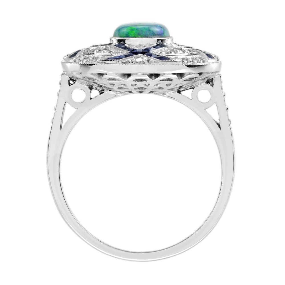 Art Deco Style Black Opal Sapphire and Diamond Cluster Cocktail Ring