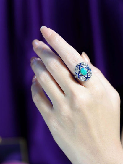 Art Deco Style Black Opal Sapphire and Diamond Cluster Cocktail Ring