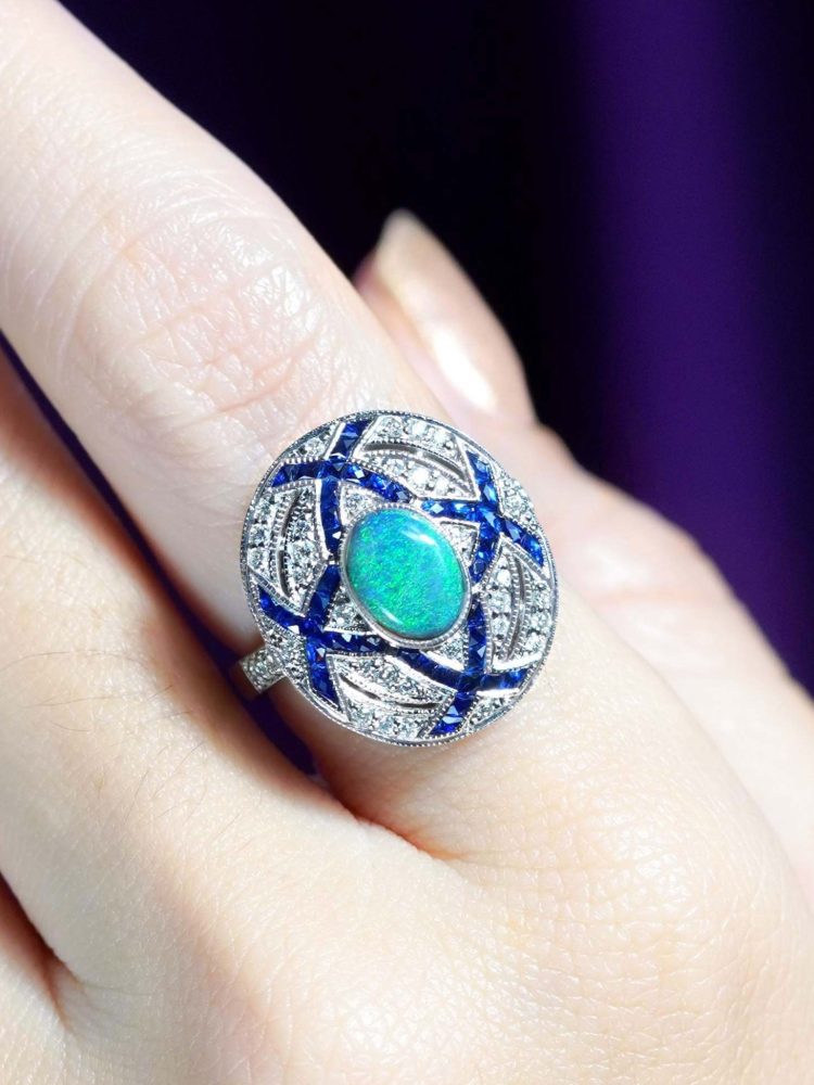 Art Deco Style Black Opal Sapphire and Diamond Cluster Cocktail Ring