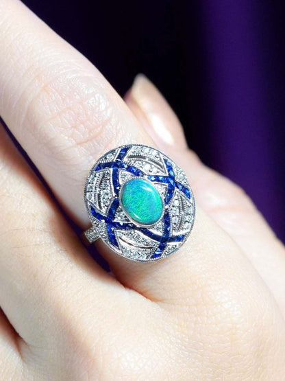 Art Deco Style Black Opal Sapphire and Diamond Cluster Cocktail Ring