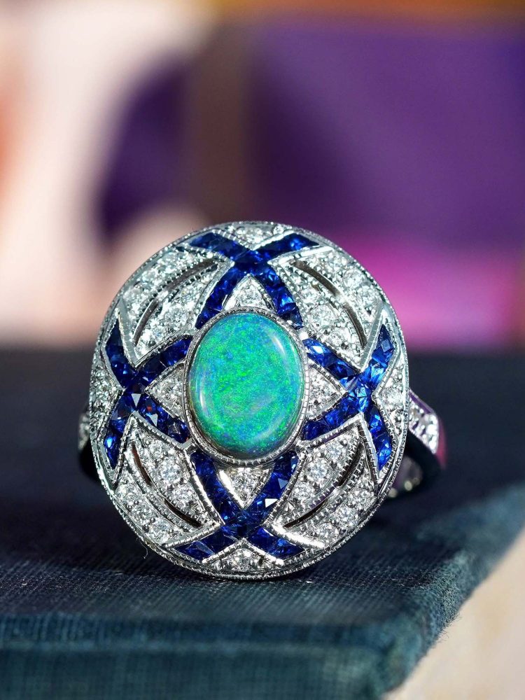 Art Deco Style Black Opal Sapphire and Diamond Cluster Cocktail Ring