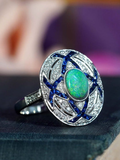 Art Deco Style Black Opal Sapphire and Diamond Cluster Cocktail Ring