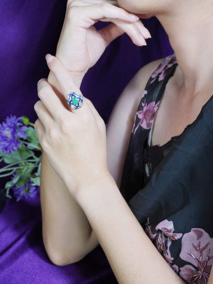 Art Deco Style Black Opal Sapphire and Diamond Cluster Cocktail Ring