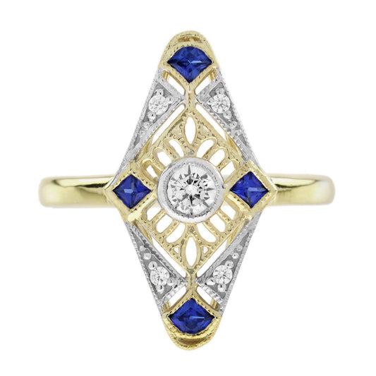Diamond and Sapphire Navette Cluster Ring in 14ct Yellow Gold