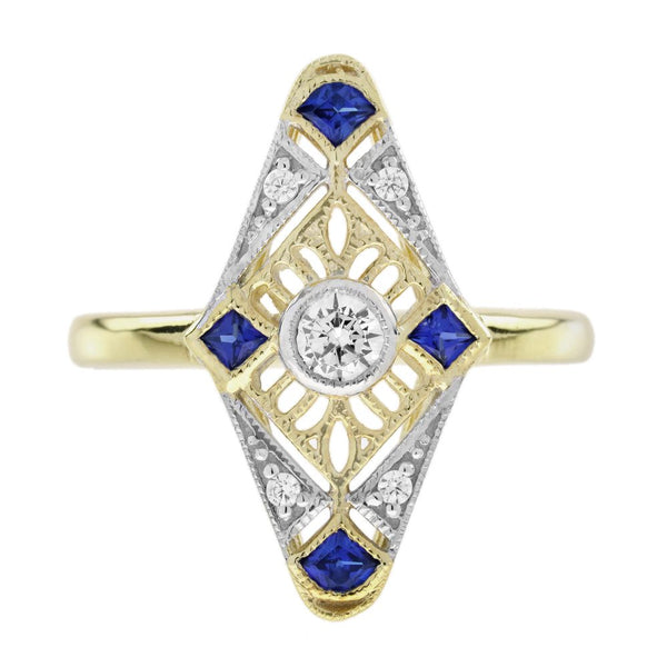 Diamond and Sapphire Navette Cluster Ring in 14ct Yellow Gold