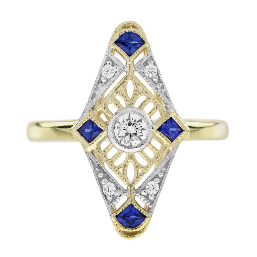 Diamond and Sapphire Navette Cluster Ring in 14ct Yellow Gold