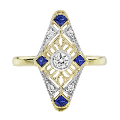 Diamond and Sapphire Navette Cluster Ring in 14ct Yellow Gold
