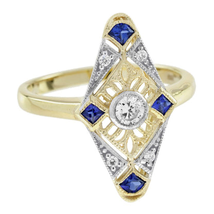 Diamond and Sapphire Navette Cluster Ring in 14ct Yellow Gold