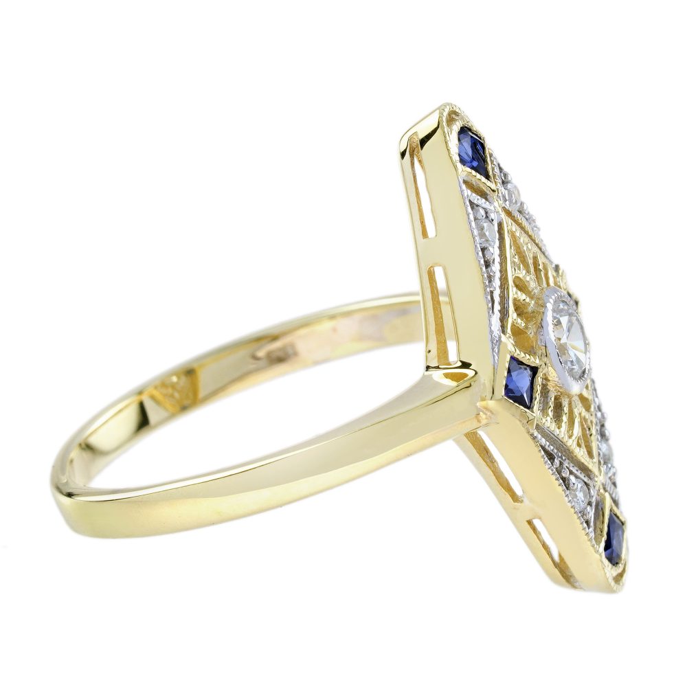 Diamond and Sapphire Navette Cluster Ring in 14ct Yellow Gold