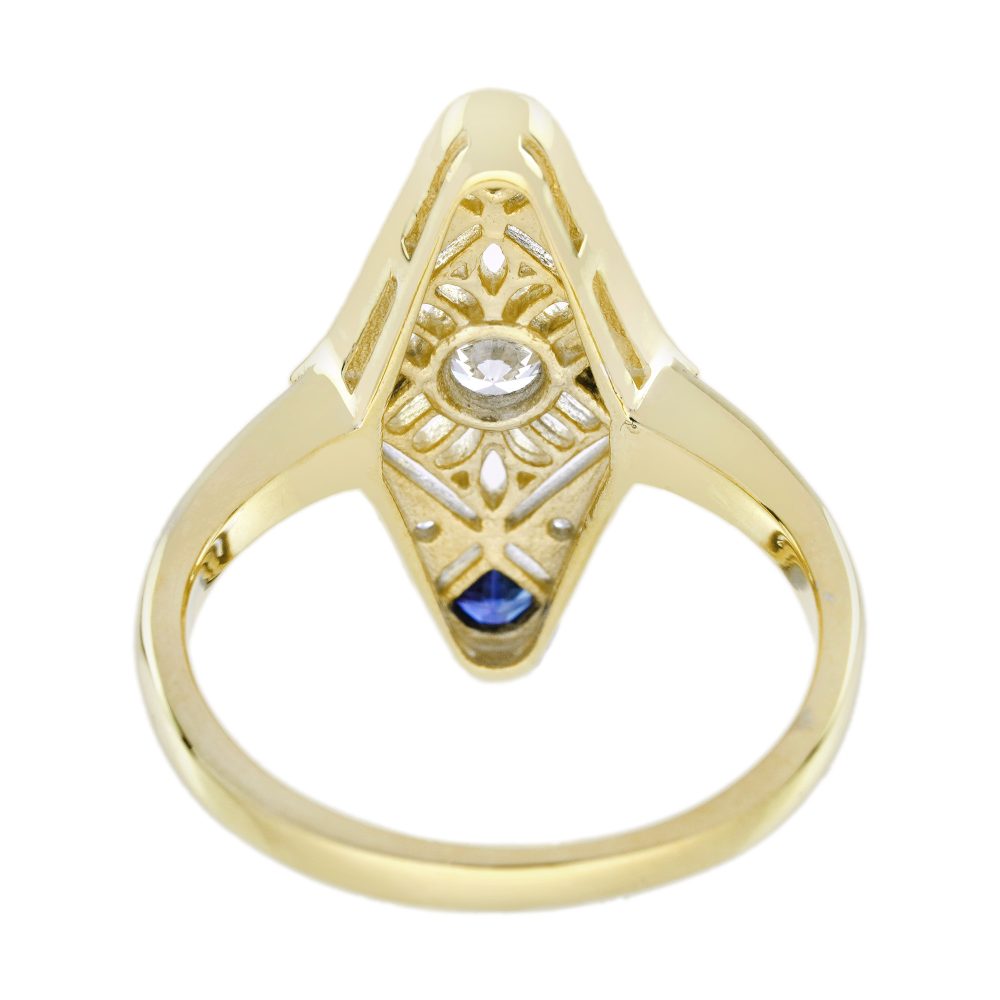Diamond and Sapphire Navette Cluster Ring in 14ct Yellow Gold