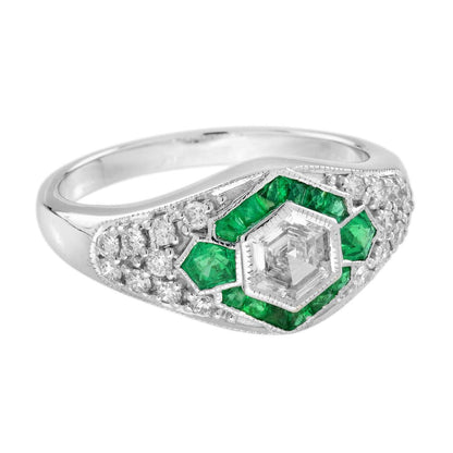 Hexagonal Diamond and Emerald Cluster Engagement Ring, 0.38ct hexagonal-cut diamond surrounded by calibre emerald hexagon border in 18ct white gold with diamond studded shoulders