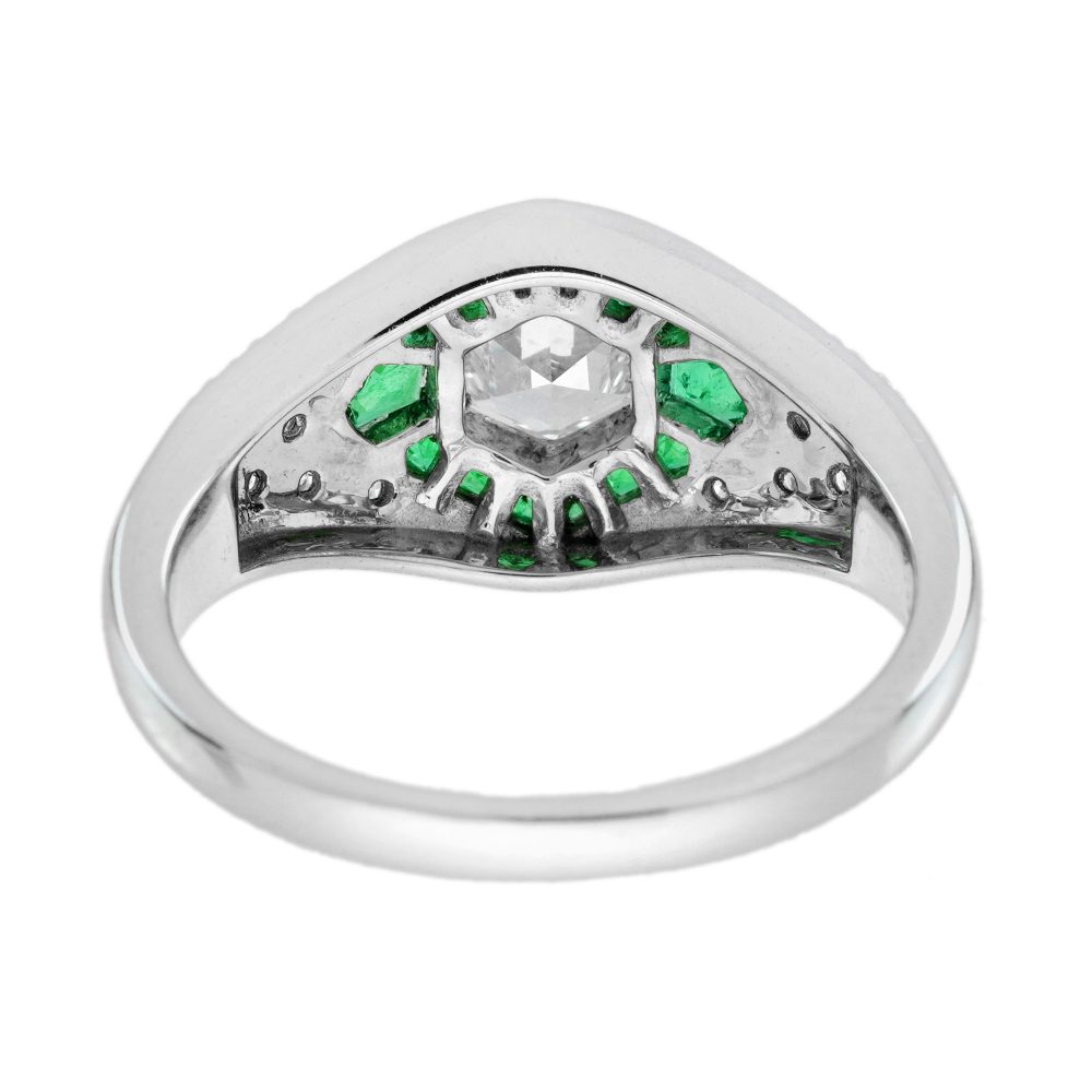 Hexagonal Diamond and Emerald Cluster Engagement Ring, 0.38ct hexagonal-cut diamond surrounded by calibre emerald hexagon border in 18ct white gold with diamond studded shoulders