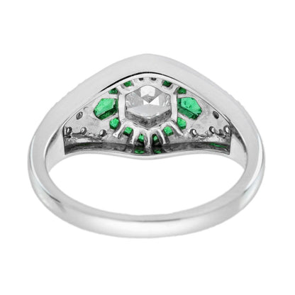 Hexagonal Diamond and Emerald Cluster Engagement Ring, 0.38ct hexagonal-cut diamond surrounded by calibre emerald hexagon border in 18ct white gold with diamond studded shoulders