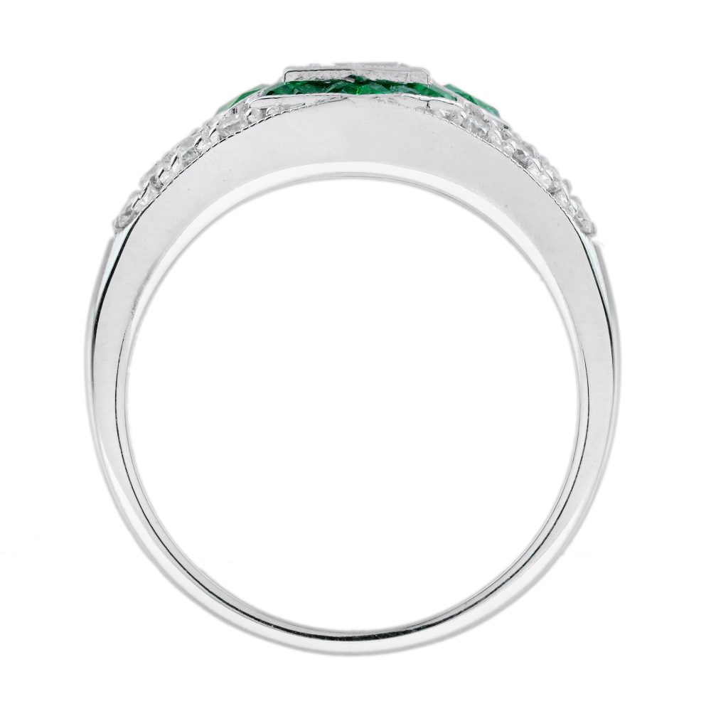 Hexagonal Diamond and Emerald Cluster Engagement Ring, 0.38ct hexagonal-cut diamond surrounded by calibre emerald hexagon border in 18ct white gold with diamond studded shoulders