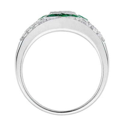 Hexagonal Diamond and Emerald Cluster Engagement Ring, 0.38ct hexagonal-cut diamond surrounded by calibre emerald hexagon border in 18ct white gold with diamond studded shoulders