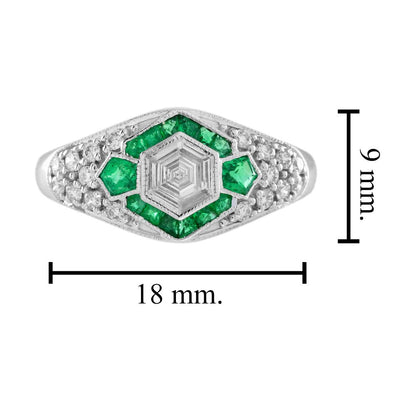 Hexagonal Diamond and Emerald Cluster Engagement Ring, 0.38ct hexagonal-cut diamond surrounded by calibre emerald hexagon border in 18ct white gold with diamond studded shoulders