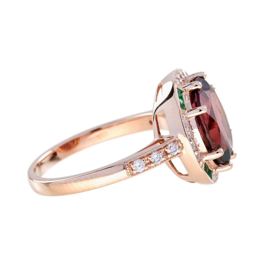 3.88ct Oval Pink Tourmaline Emerald Diamond Halo Cluster Engagement Ring in 14ct Rose Gold