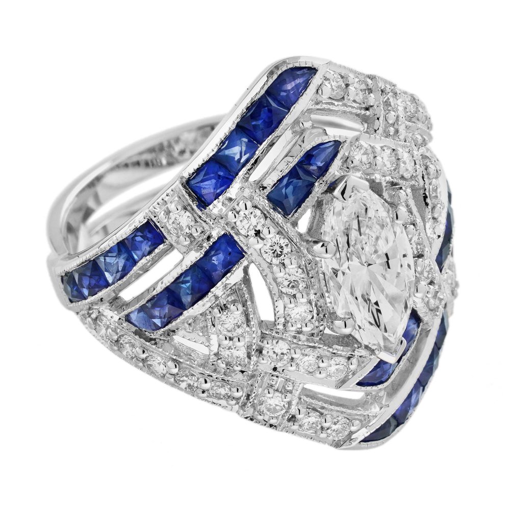 GIA 1ct Marquise Diamond and Sapphire Cluster Dress Ring, D Colour Internally Flawless, GIA Certified D IF 1ct marquise-cut diamond centrally set to tapered navette surround studded with sparkling diamonds accented with lines of French cut blue sapphires in 18ct white gold with a GIA certificate