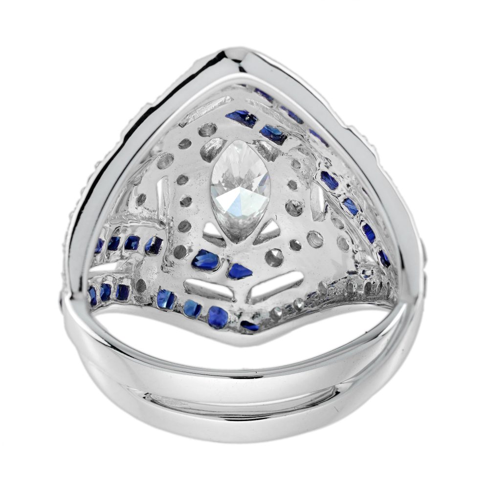 GIA 1ct Marquise Diamond and Sapphire Cluster Dress Ring, D Colour Internally Flawless, GIA Certified D IF 1ct marquise-cut diamond centrally set to tapered navette surround studded with sparkling diamonds accented with lines of French cut blue sapphires in 18ct white gold with a GIA certificate