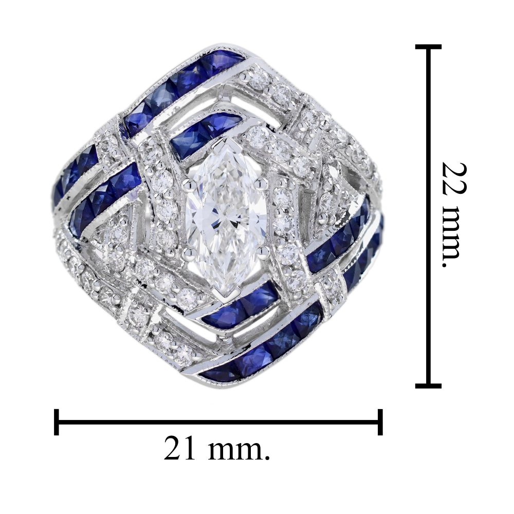 GIA 1ct Marquise Diamond and Sapphire Cluster Dress Ring, D Colour Internally Flawless, GIA Certified D IF 1ct marquise-cut diamond centrally set to tapered navette surround studded with sparkling diamonds accented with lines of French cut blue sapphires in 18ct white gold with a GIA certificate