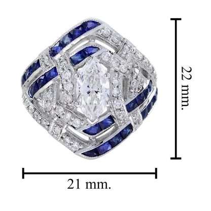 GIA 1ct Marquise Diamond and Sapphire Cluster Dress Ring, D Colour Internally Flawless, GIA Certified D IF 1ct marquise-cut diamond centrally set to tapered navette surround studded with sparkling diamonds accented with lines of French cut blue sapphires in 18ct white gold with a GIA certificate
