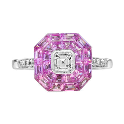 Asscher Cut Diamond and Pink Sapphire Engagement Ring