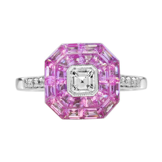 Asscher Cut Diamond and Pink Sapphire Engagement Ring