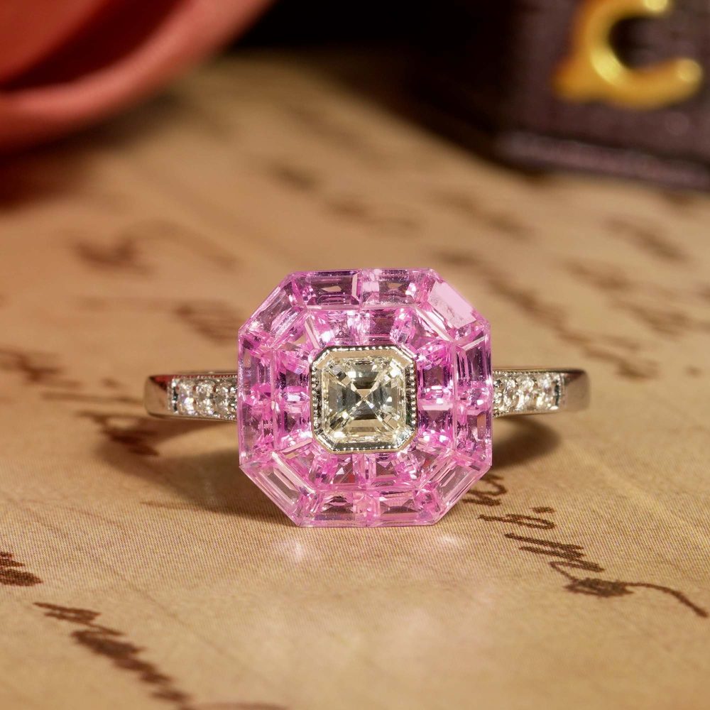 Asscher Cut Diamond and Pink Sapphire Engagement Ring
