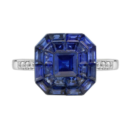 Octagonal Sapphire Cluster Solitaire Engagement Ring, 5.72cts multi asscher and calibre cut sapphires arranged in invisible setting to produce an octagonal shaped design