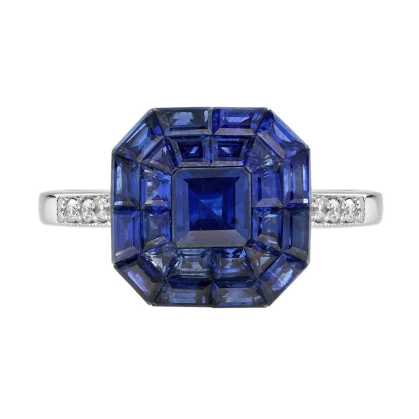 Octagonal Sapphire Cluster Solitaire Engagement Ring, 5.72cts multi asscher and calibre cut sapphires arranged in invisible setting to produce an octagonal shaped design