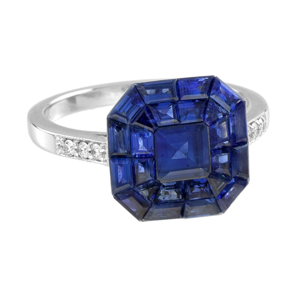 Octagonal Sapphire Cluster Solitaire Engagement Ring, 5.72cts multi asscher and calibre cut sapphires arranged in invisible setting to produce an octagonal shaped design
