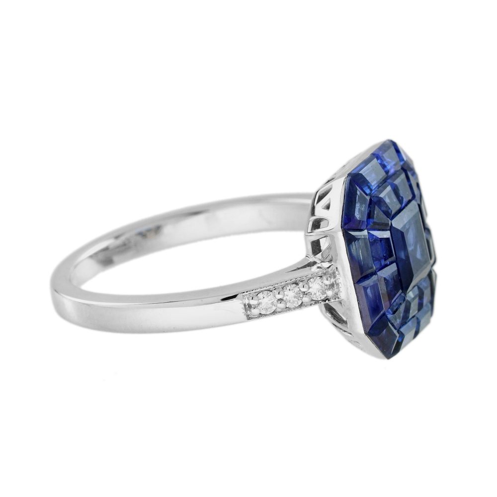 Octagonal Sapphire Cluster Solitaire Engagement Ring, 5.72cts multi asscher and calibre cut sapphires arranged in invisible setting to produce an octagonal shaped design