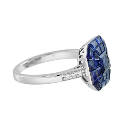 Octagonal Sapphire Cluster Solitaire Engagement Ring, 5.72cts multi asscher and calibre cut sapphires arranged in invisible setting to produce an octagonal shaped design