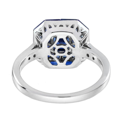 Octagonal Sapphire Cluster Solitaire Engagement Ring, 5.72cts multi asscher and calibre cut sapphires arranged in invisible setting to produce an octagonal shaped design