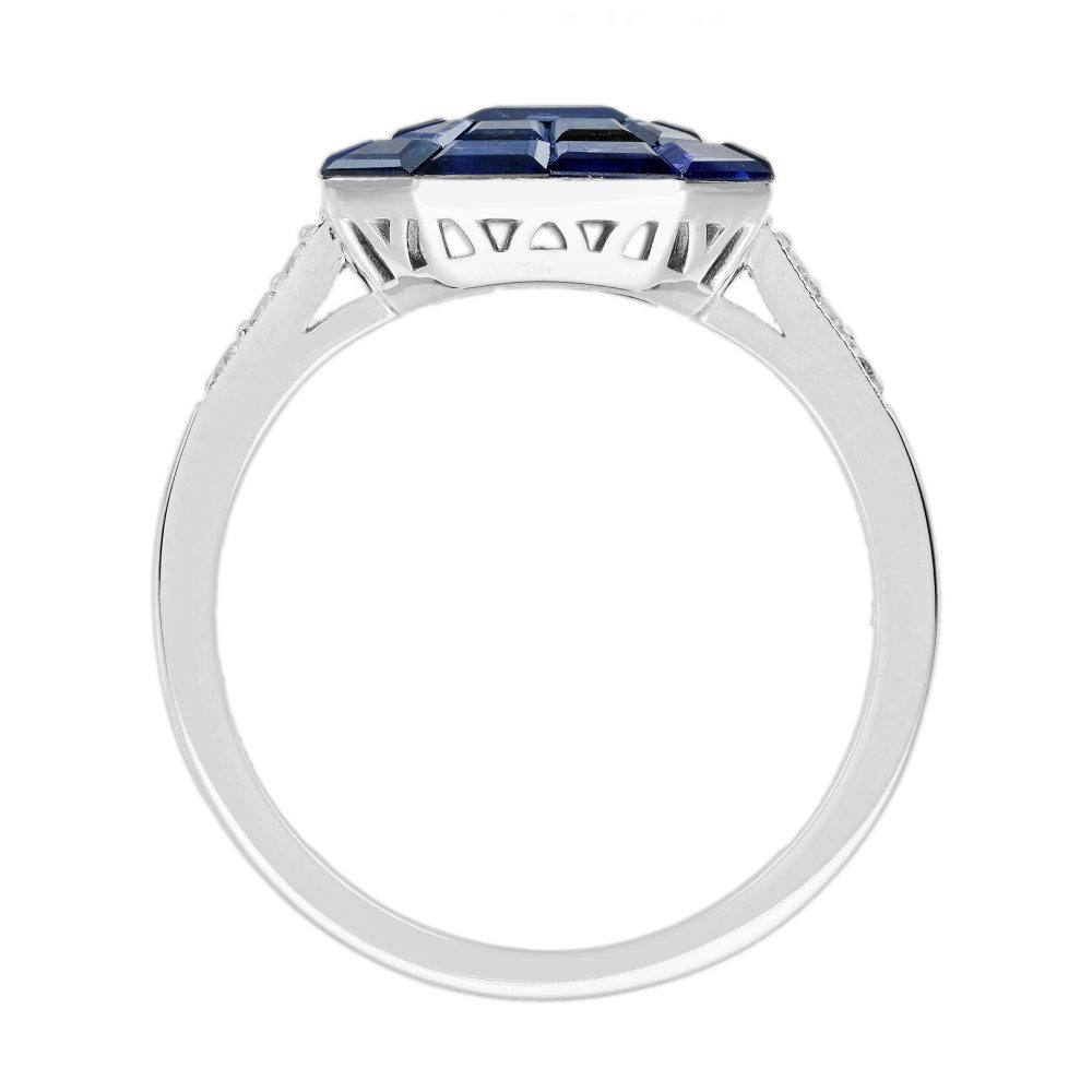 Octagonal Sapphire Cluster Solitaire Engagement Ring, 5.72cts multi asscher and calibre cut sapphires arranged in invisible setting to produce an octagonal shaped design