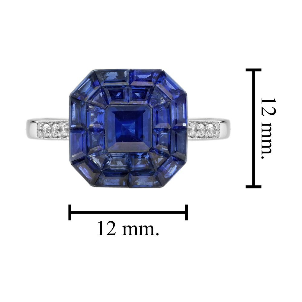 Octagonal Sapphire Cluster Solitaire Engagement Ring, 5.72cts multi asscher and calibre cut sapphires arranged in invisible setting to produce an octagonal shaped design