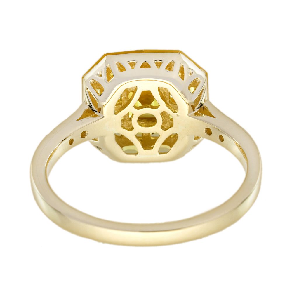 Yellow Sapphire Octagonal Cluster Solitaire Engagement Ring, 5.27cts yellow sapphires arranged in an invisible setting to produce an octagonal shaped design in 14ct yellow gold with diamond set shoulders