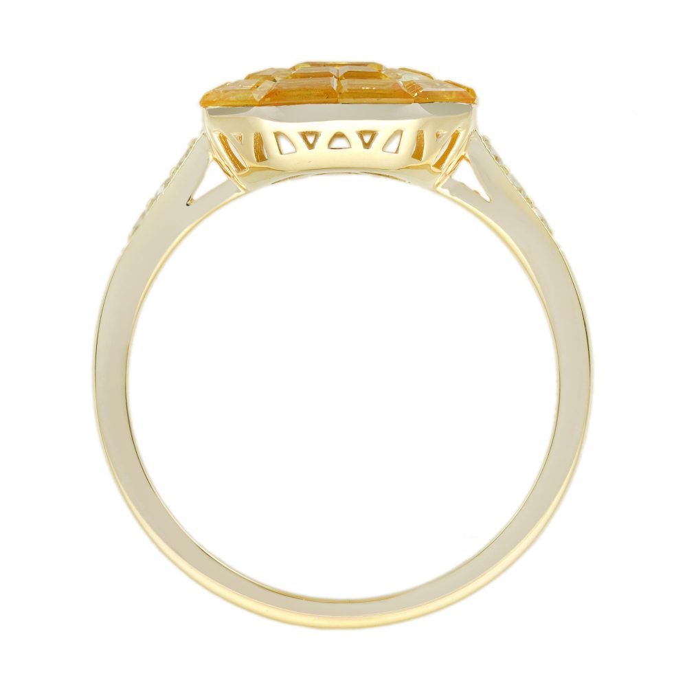 Yellow Sapphire Octagonal Cluster Solitaire Engagement Ring, 5.27cts yellow sapphires arranged in an invisible setting to produce an octagonal shaped design in 14ct yellow gold with diamond set shoulders