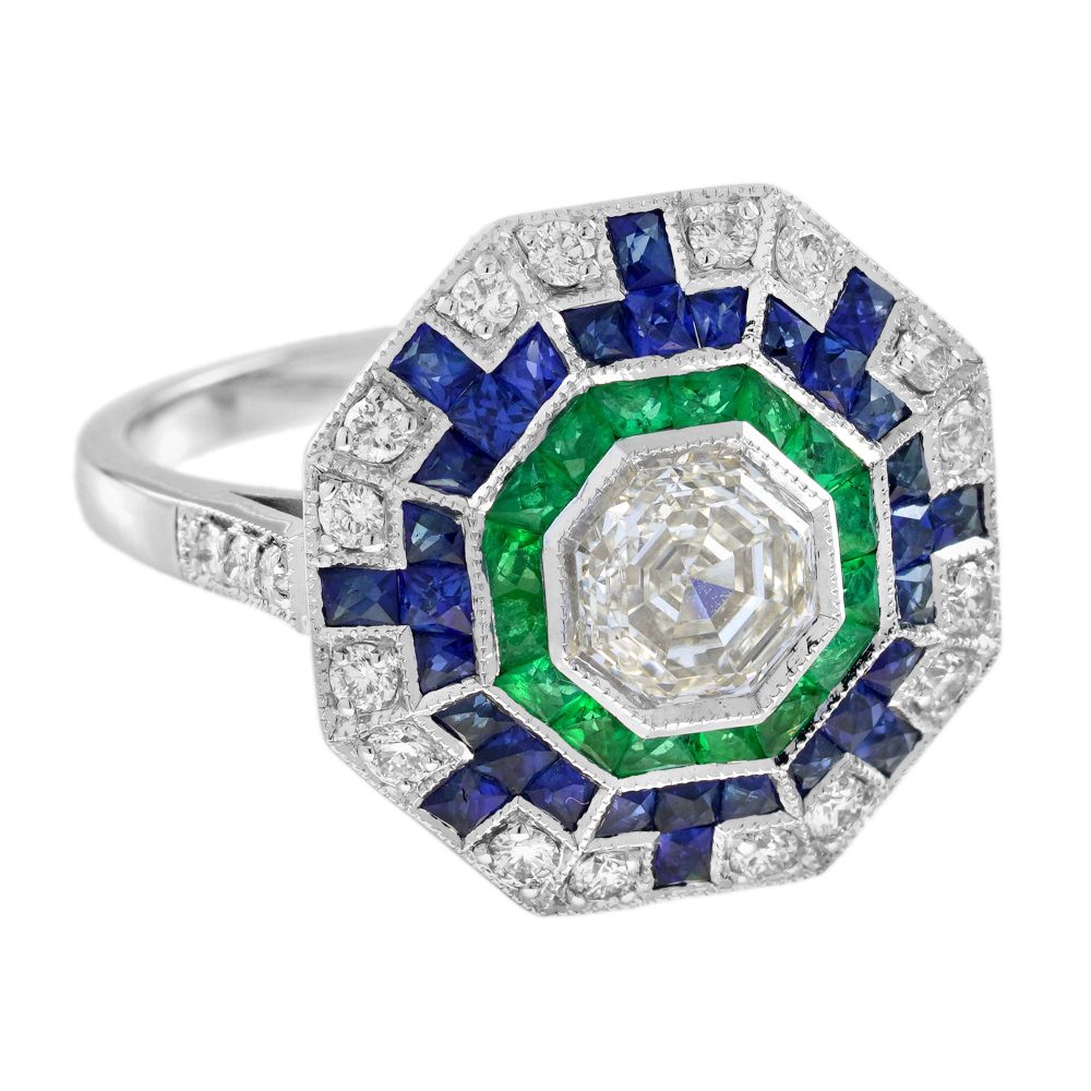 1.01ct Asscher Cut Diamond Emerald Sapphire Octagonal Cluster Ring in 18ct White Gold