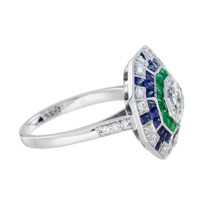 1.01ct Asscher Cut Diamond Emerald Sapphire Octagonal Cluster Ring in 18ct White Gold